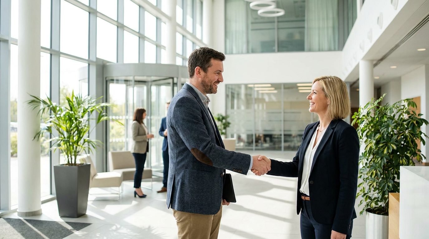 A manager meeting a customer in a commercial reception