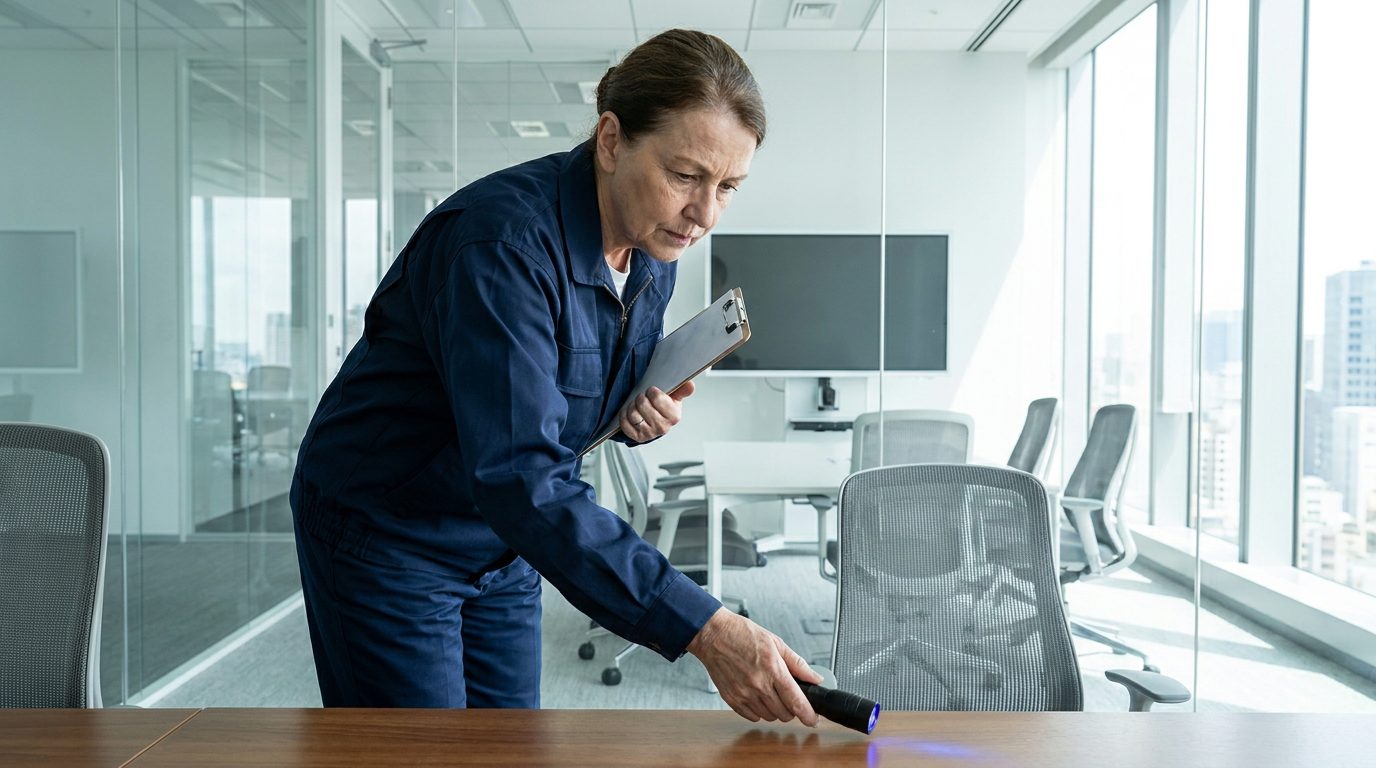 A supervisor inspecting a cleaned meeting room