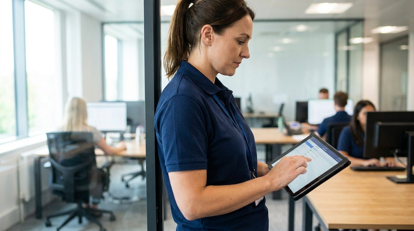 A supervisor completing a digital cleaning audit on a tablet