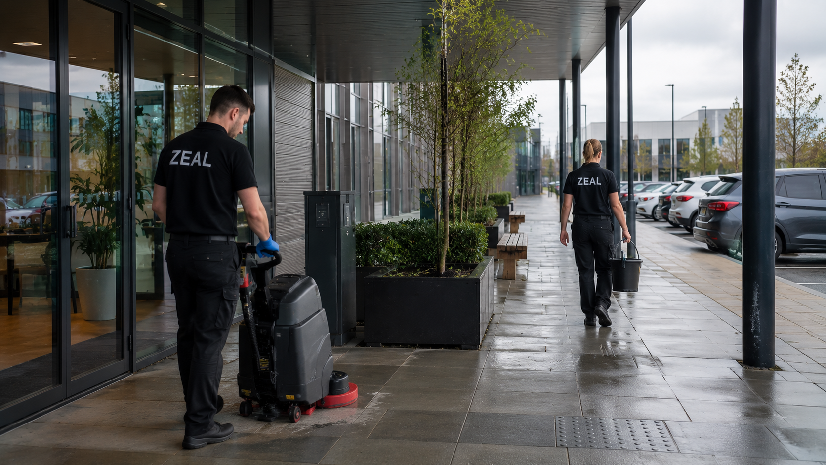 Zeal FM operatives cleaning external areas on a business park