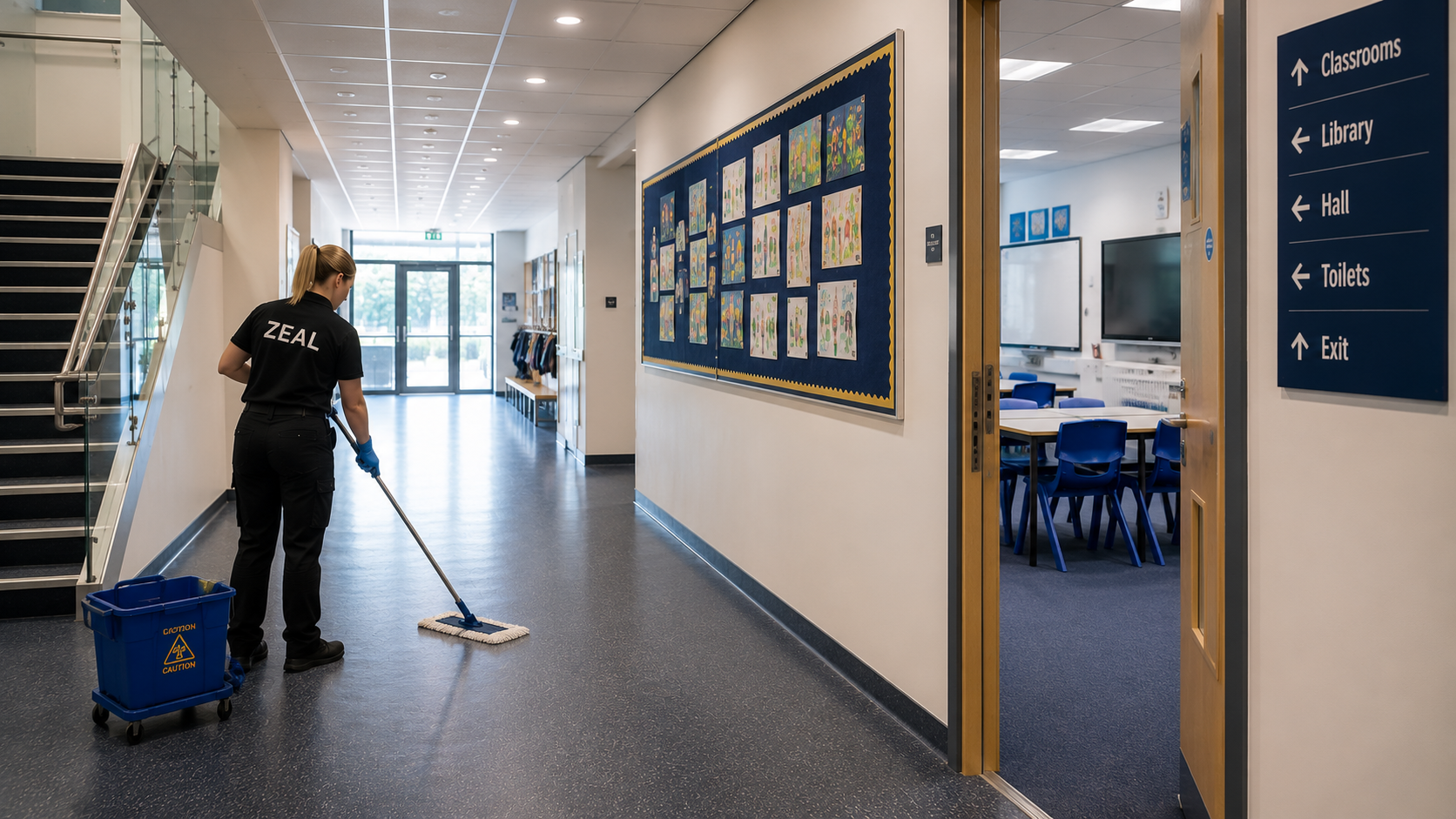Zeal FM operative cleaning a school corridor