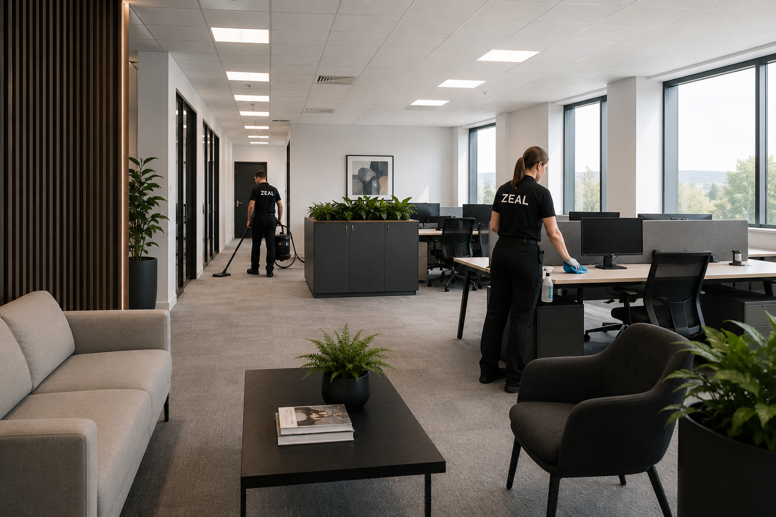 Zeal FM operatives cleaning a modern corporate office