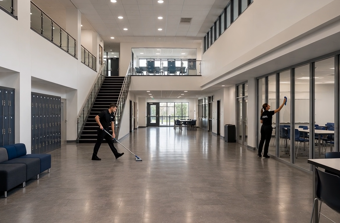 Zeal FM operatives cleaning a modern commercial atrium
