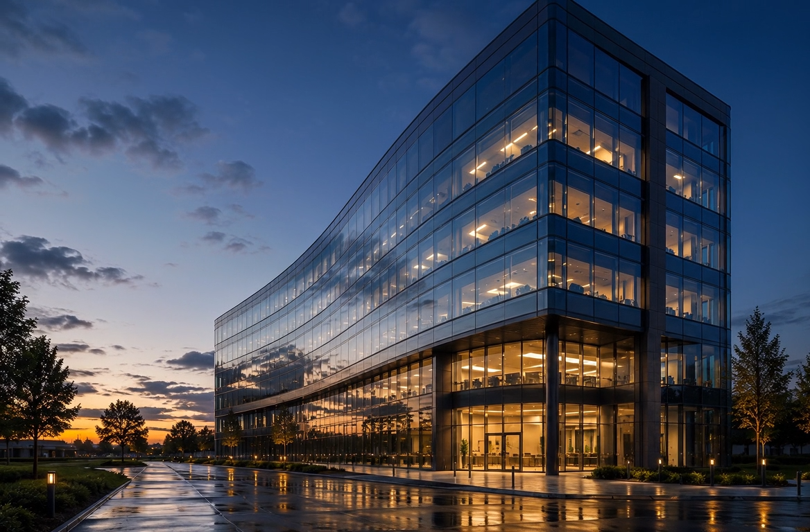 A modern commercial building at dusk